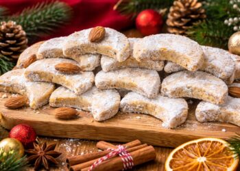 Коледни бадемови курабии във формата на полумесец, поръсени с пудра захар и подредени върху дървена дъска, с празнична украса от елхови клонки, шишарки, канела и сушени портокали на заден план.