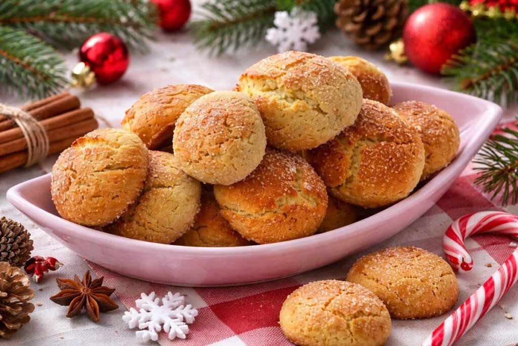 Домашни коледни курабийки със захарна коричка, поднесени в розова купа с коледни елементи – хоризонтално изображение, подходящо за Google Discover