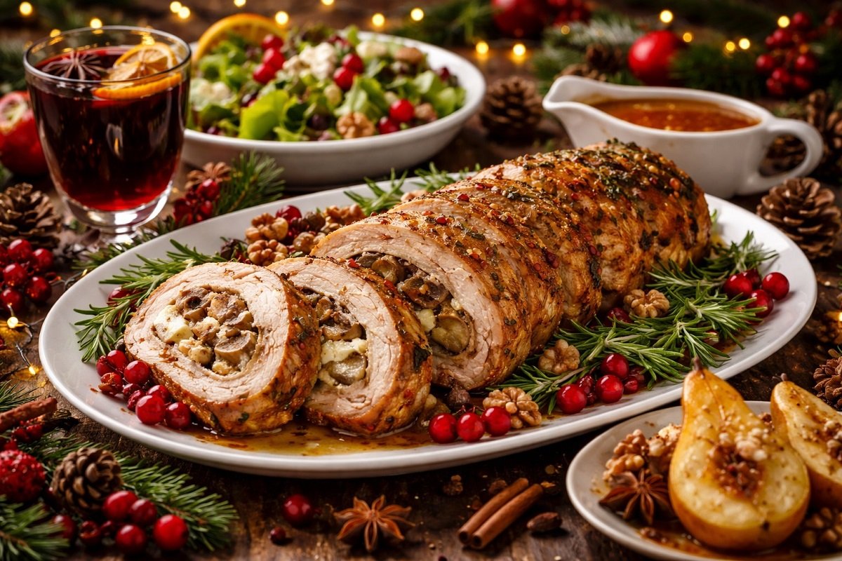 Пълнено свинско бонфиле с гъби, кашкавал и орехи, поднесено с греяно вино и печени круши – празнична коледна трапеза без надписи