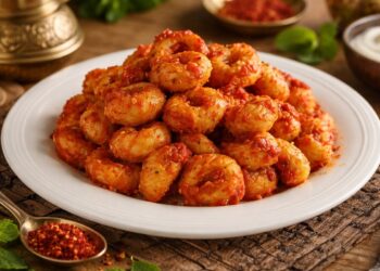 Фелах кьофтеси – малки булгурени кюфтенца в гъст доматен сос, поднесени в бяла чиния върху дървена повърхност, с леки ориенталски елементи като подправки, мента и месингов съд, топло осветление, хоризонтален кадър.