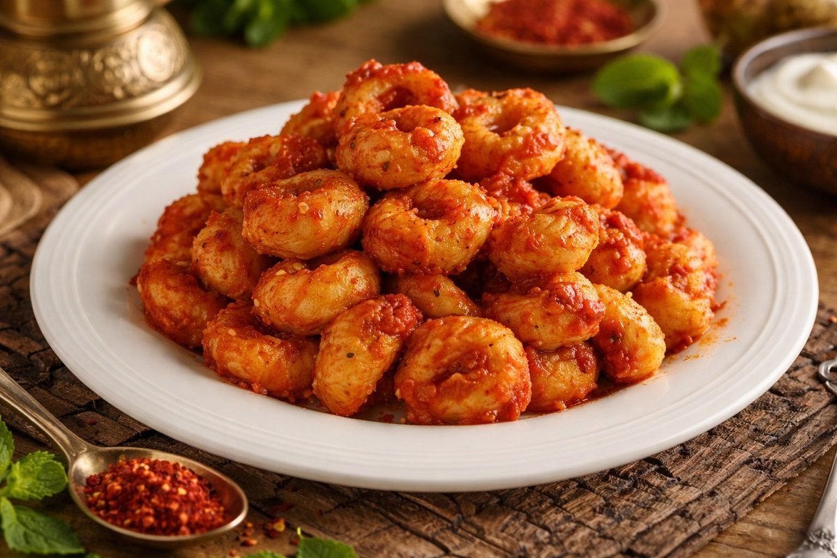 Фелах кьофтеси – малки булгурени кюфтенца в гъст доматен сос, поднесени в бяла чиния върху дървена повърхност, с леки ориенталски елементи като подправки, мента и месингов съд, топло осветление, хоризонтален кадър.