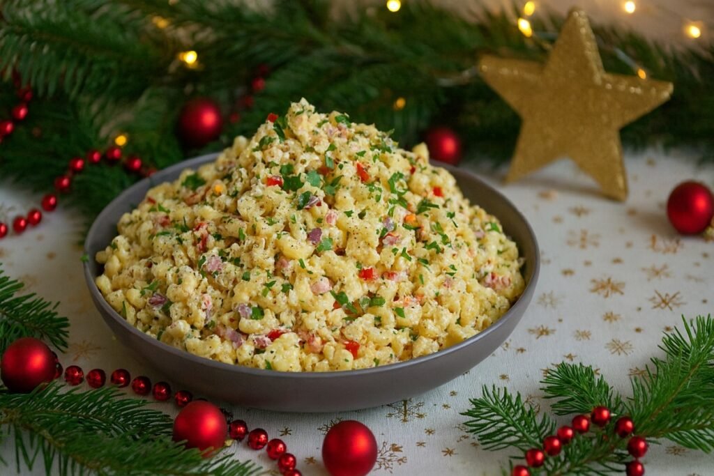 Макарони салата, поднесена в голяма сива купа, поставена върху коледна покривка с орнаменти. Около нея има зелени елхови клонки, червени коледни топки и златна звезда, създаващи празнична атмосфера.