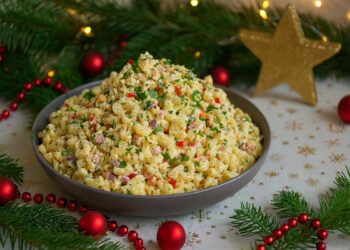 Макарони салата, поднесена в голяма сива купа, поставена върху коледна покривка с орнаменти. Около нея има зелени елхови клонки, червени коледни топки и златна звезда, създаващи празнична атмосфера.