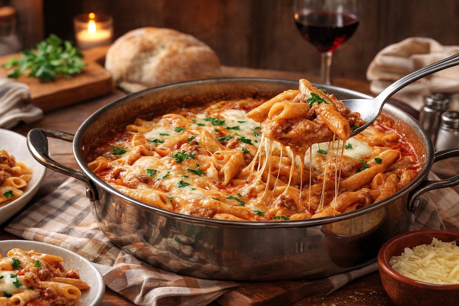 Паста пене, запечена в дълбок тиган с богат доматен сос, наденица и разтопен кашкавал, поднесена в уютна домашна обстановка с хляб, магданоз и топла светлина.
