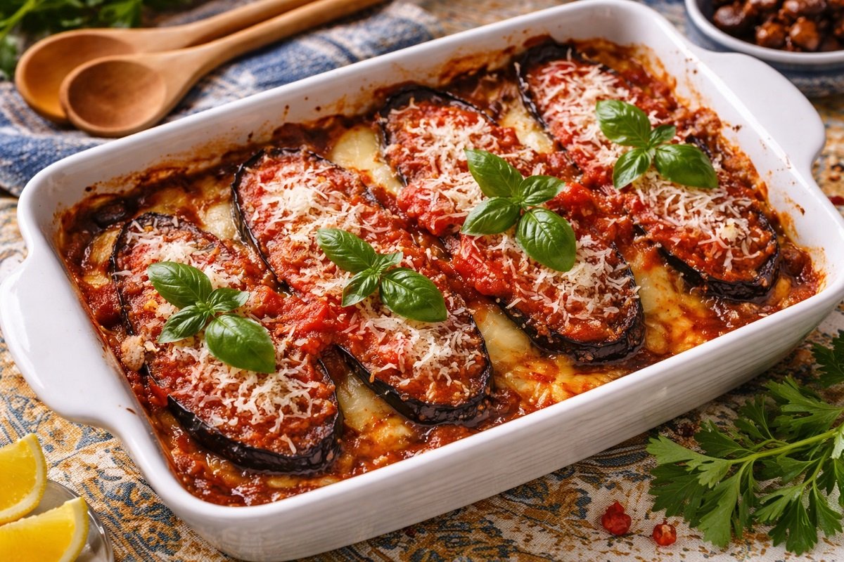 Печени патладжани с доматен сос и разтопен кашкавал, поднесени в бяла керамична тава с ориенталски акценти и свеж босилек, заснети хоризонтално.