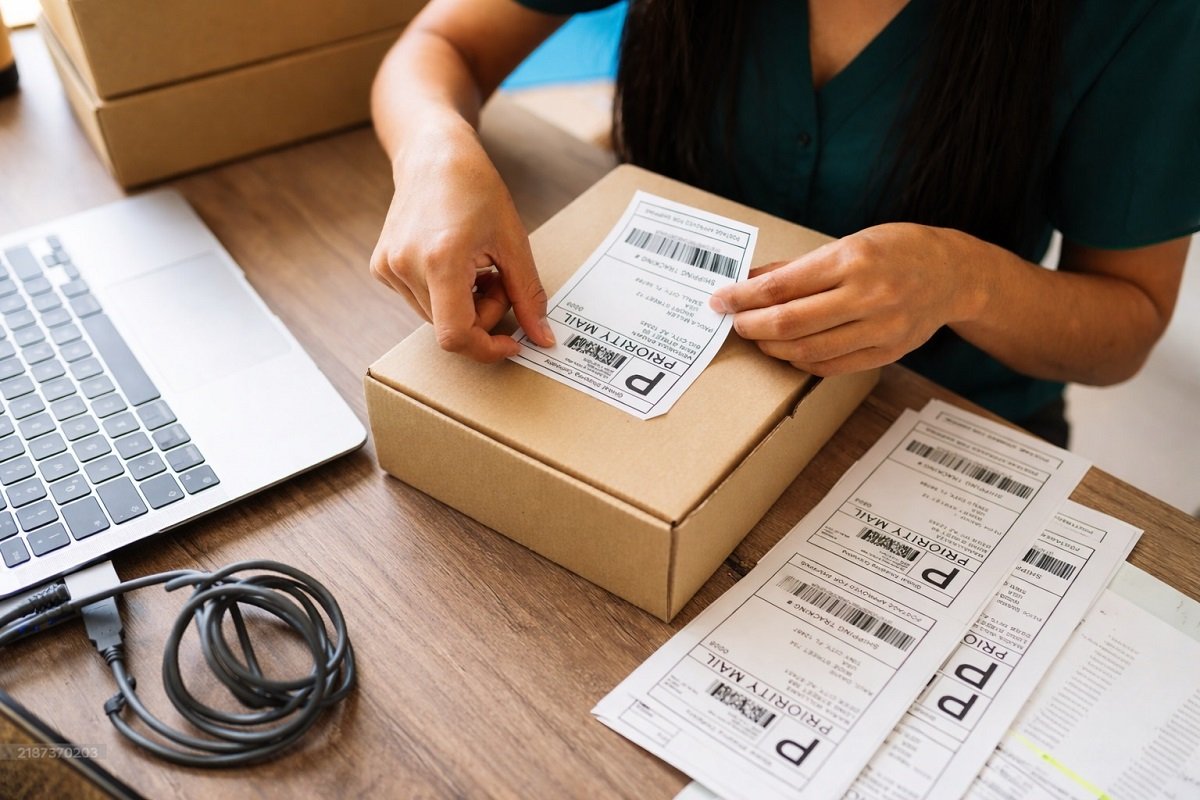 Опаковане на малък колет с наложен платеж – ръце поставят товарителница върху картонена кутия на работно бюро с лаптоп и документи за доставка