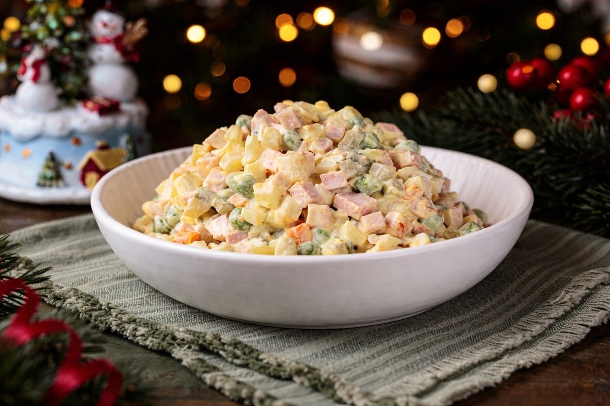 Руска салата, сервирана като традиционно ястие на празнична трапеза