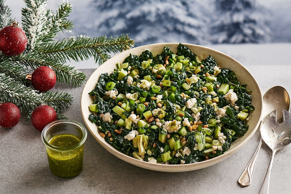 Хоризонтално зимно изображение на голяма купа със зелена салата с кейл, праз, ядки и зелено дресинг, поставена върху светла повърхност. До нея има метални прибори, бурканче с дресинг и коледни елементи като заснежени елхови клонки и червени топки, със зимен пейзаж в размит фон.