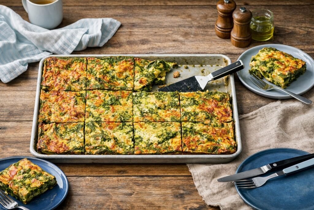 Домашно приготвена спаначена фритата със сирене, нарязана на квадрати в метална тава, сервирана върху дървена маса с чинии, прибори и кухненски текстил, осветена от естествена дневна светлина.