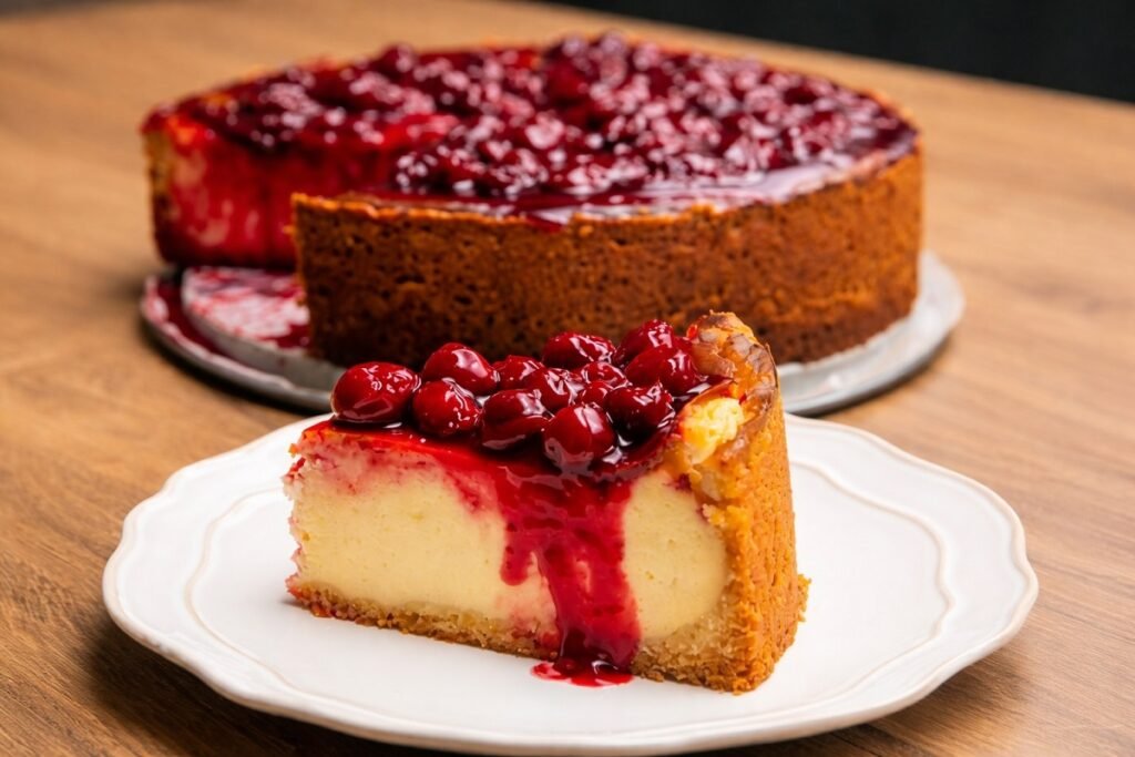 Парче вишнев йогурт кейк с кремообразна текстура и хрупкава основа, поднесено върху бяла чиния, покрито с гъст, лъскав вишнев сос; на заден план – цял кейк върху дървена повърхност, хоризонтален к