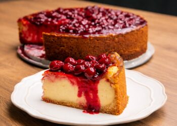 Парче вишнев йогурт кейк с кремообразна текстура и хрупкава основа, поднесено върху бяла чиния, покрито с гъст, лъскав вишнев сос; на заден план – цял кейк върху дървена повърхност, хоризонтален к