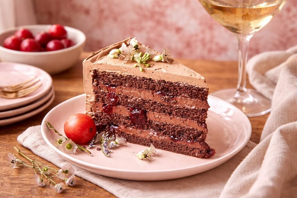 Парче домашна шоколадова торта с крем и вишни, поднесено върху чиния на дървена маса с елементи на домашен уют и мека естествена светлина.