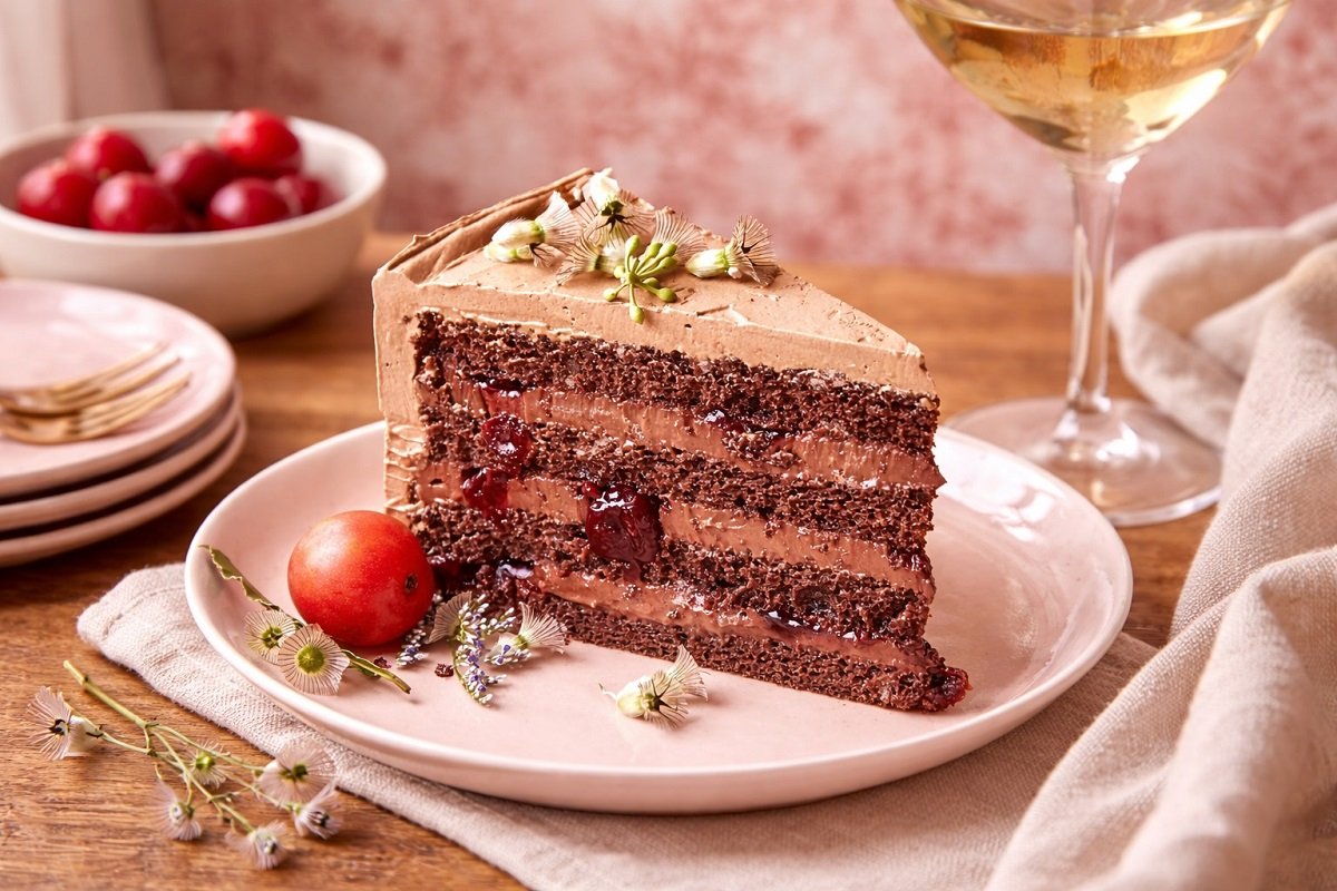 Парче домашна шоколадова торта с крем и вишни, поднесено върху чиния на дървена маса с елементи на домашен уют и мека естествена светлина.