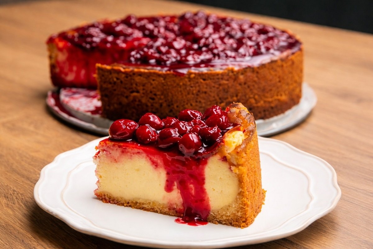 Парче вишнев йогурт кейк с кремообразна текстура и хрупкава основа, поднесено върху бяла чиния, покрито с гъст, лъскав вишнев сос; на заден план – цял кейк върху дървена повърхност, хоризонтален к