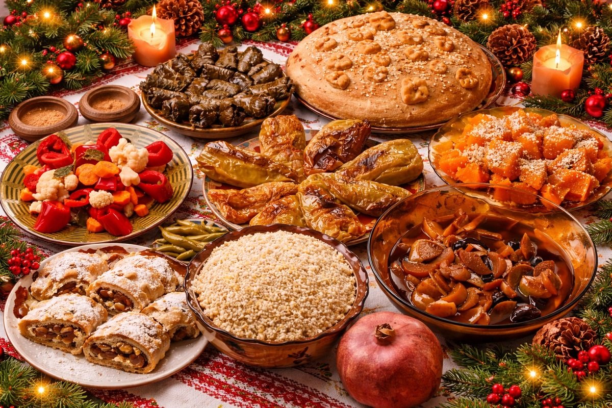 Традиционна българска коледна постна трапеза с питка, сарми, пълнени чушки, боб, жито и тиквеник, подредени в празнична обстановка с коледна украса.