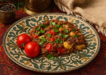 Порция Арап тава, поднесена върху ориенталска чиния с домати и свеж магданоз, в обстановка с традиционни ориенталски елементи – подходящо за кулинарна статия.