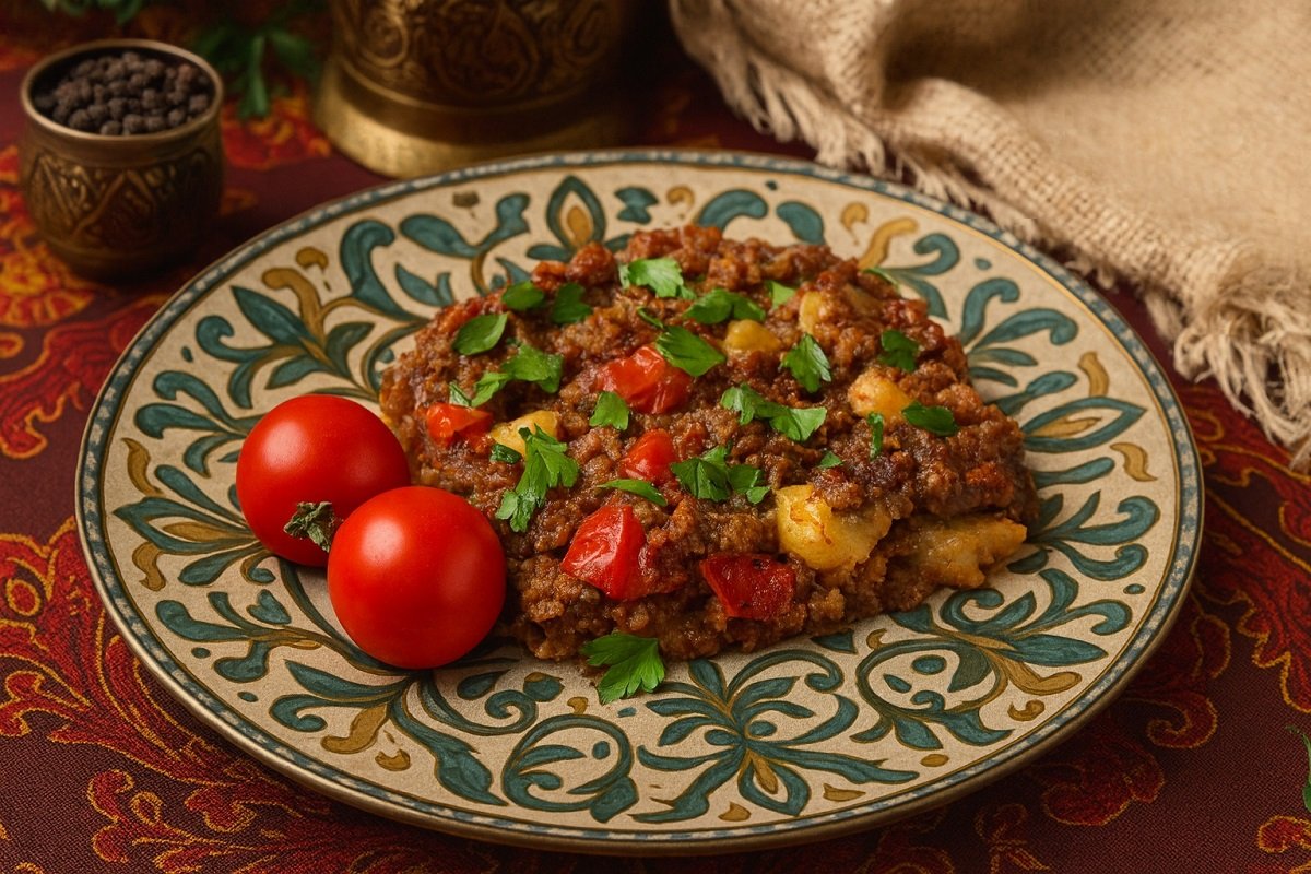 Порция Арап тава, поднесена върху ориенталска чиния с домати и свеж магданоз, в обстановка с традиционни ориенталски елементи – подходящо за кулинарна статия.