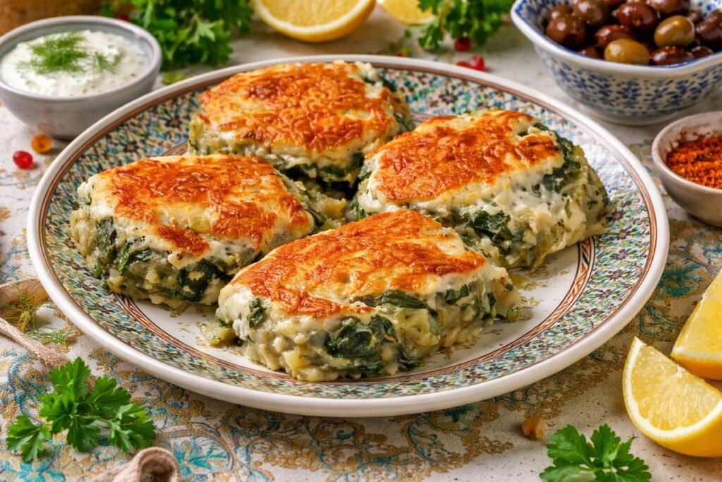 Домашно приготвени порции фурна със спанак и кашкавал, сервирани в чиния с златиста запечена коричка и кремообразна плънка, заснети в топла домашна обстановка.