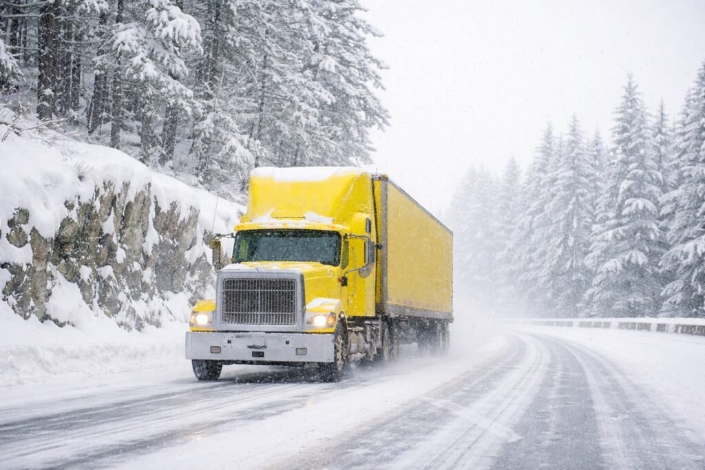 Товарен камион с жълта кабина и ремарке се движи по заснежен планински път сред гора по време на обилен снеговалеж и зимни пътни условия.
