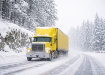 Товарен камион с жълта кабина и ремарке се движи по заснежен планински път сред гора по време на обилен снеговалеж и зимни пътни условия.