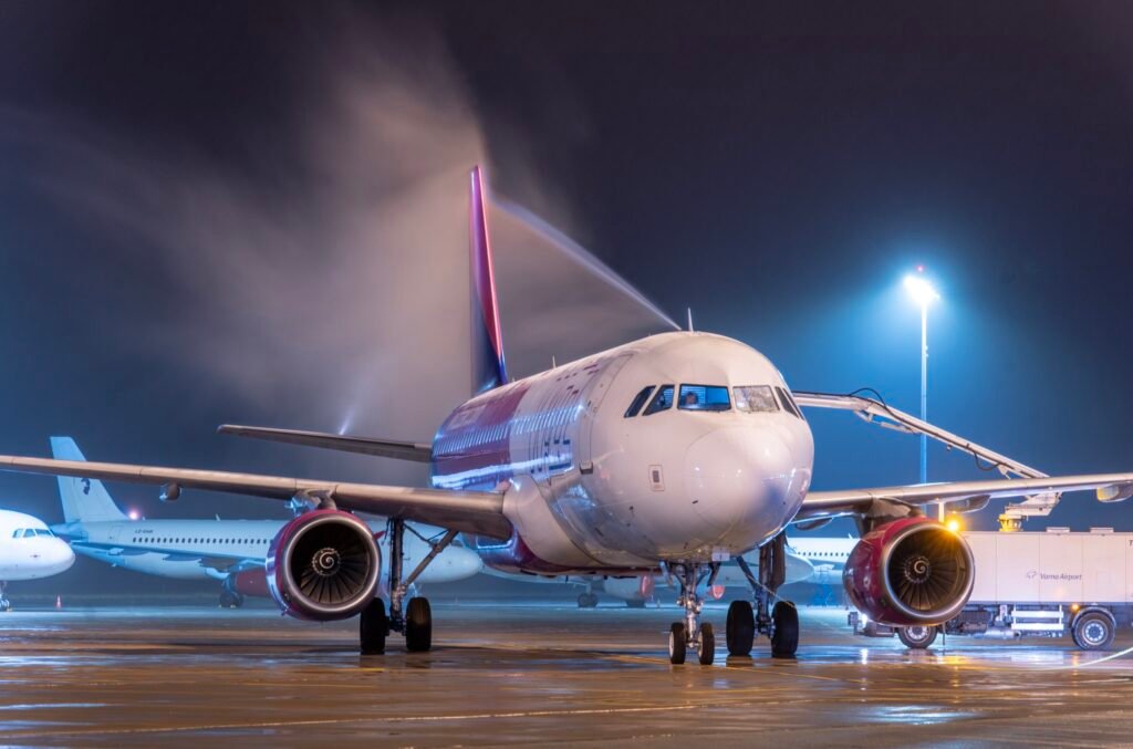 Пътнически самолет на пистата на летище Варна през нощта