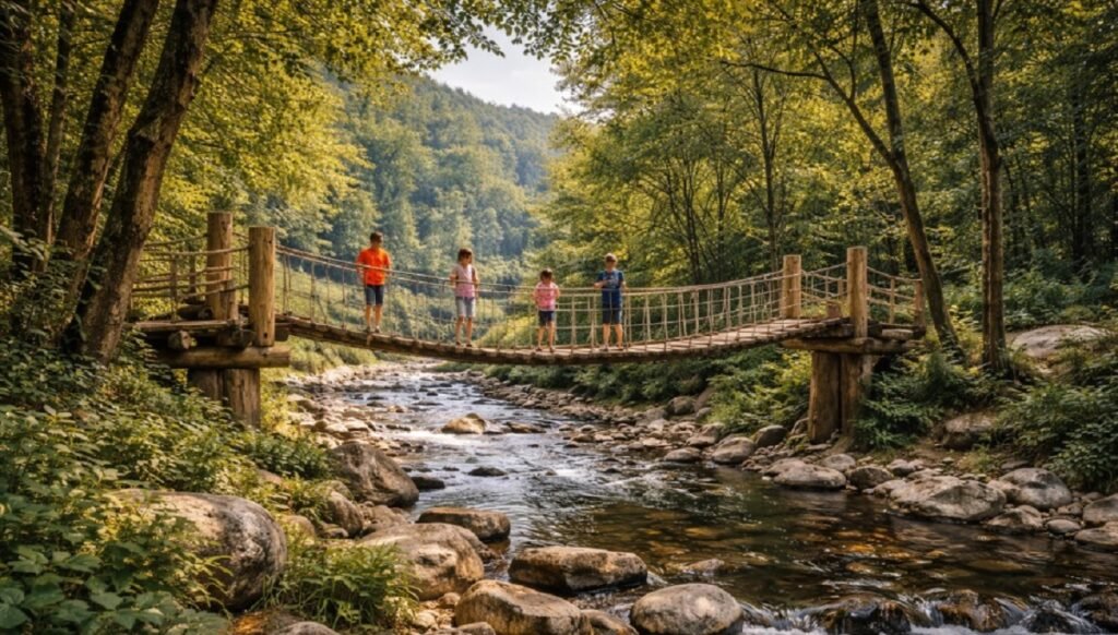 Деца преминават по дървен въжен мост над малка река в гориста зона, символ на идея за обществен парк и достъпна природна среда.