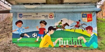 Графити под моста в Белослав, представящи историята и символите на града