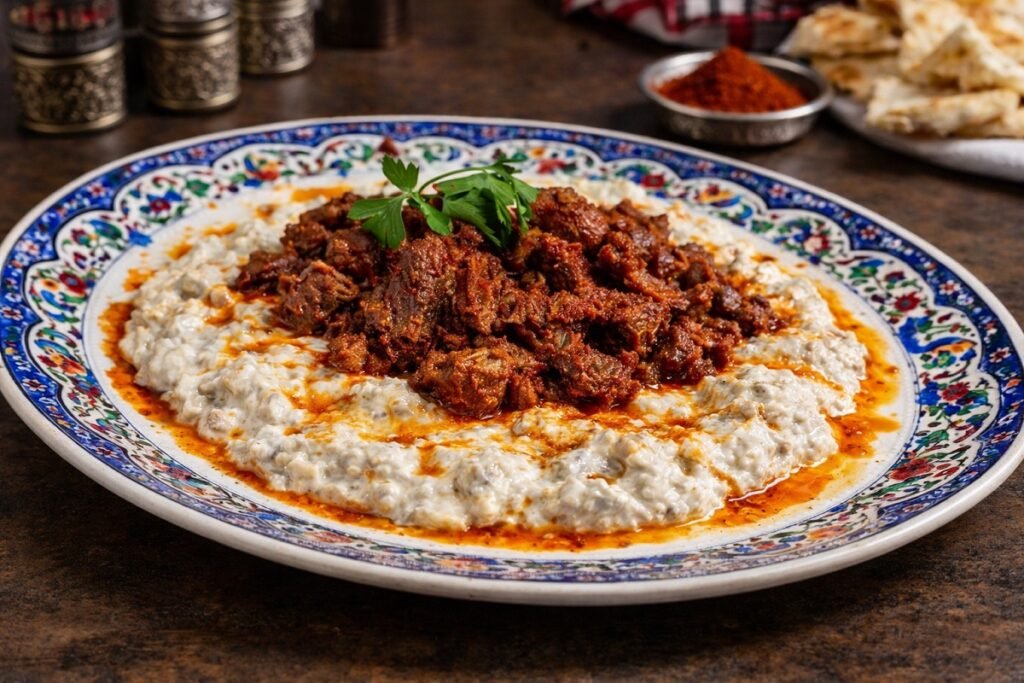 Али Назик – традиционно турско ястие с кремообразна основа от печен патладжан и кисело мляко, поднесена в декоративна керамична чиния, гарнирана със задушено месо в червен сос и магданоз, заснето в професионална кулинарна среда.