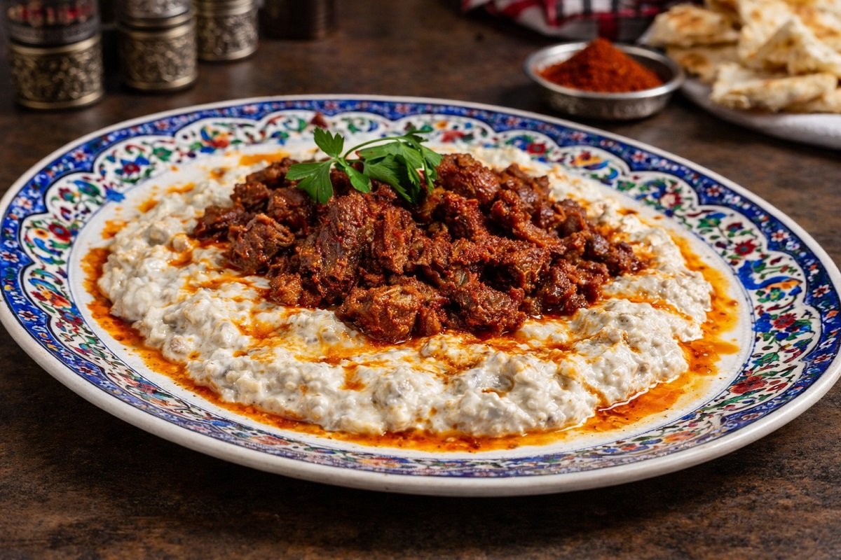 Али Назик – традиционно турско ястие с кремообразна основа от печен патладжан и кисело мляко, поднесена в декоративна керамична чиния, гарнирана със задушено месо в червен сос и магданоз, заснето в професионална кулинарна среда.