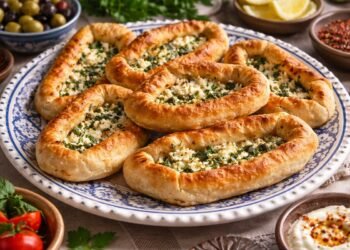 „Златисто изпечени ориенталски банички с плънка от сирене и зелени подправки, подредени в чиния, заснети на топла светлина, хоризонтален кадър без надписи.“