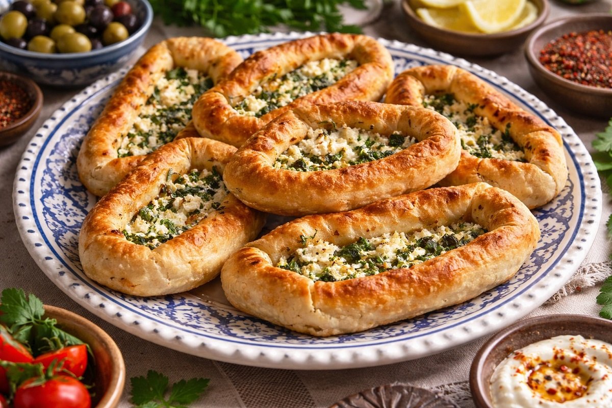 „Златисто изпечени ориенталски банички с плънка от сирене и зелени подправки, подредени в чиния, заснети на топла светлина, хоризонтален кадър без надписи.“