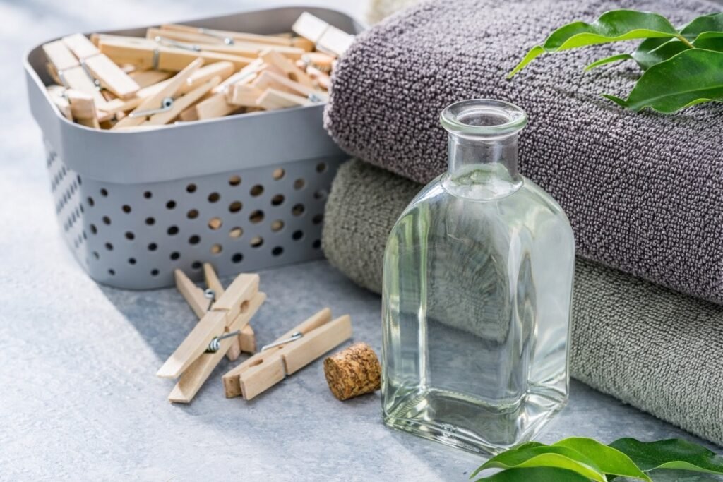 Стъклена бутилка с оцет без етикет до навити хавлиени кърпи, кошница с дървени щипки и зелени листа върху светла повърхност, хоризонтален кадър с натурална светлина.