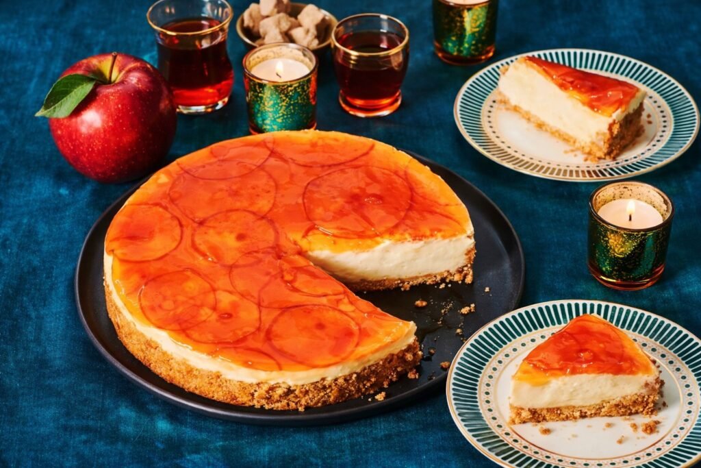 Чийзкейк без печене с ябълки и маскарпоне, декориран със захаросани ябълкови резени