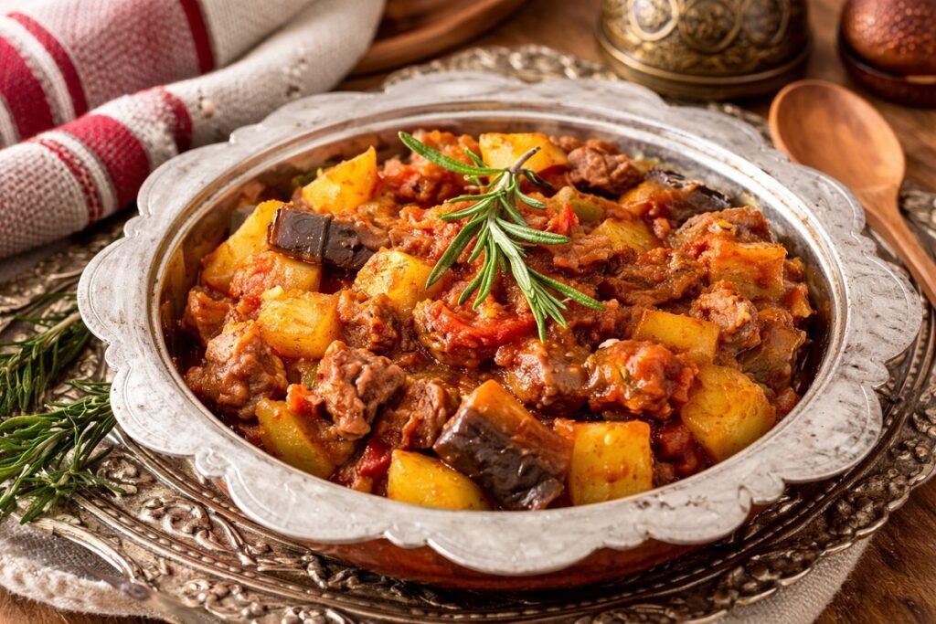 Апетитен турски гювеч с крехко месо, картофи, патладжан и доматен сос, поднесен в декоративен съд, гарниран с пресен розмарин, заснет хоризонтално при топла светлина.