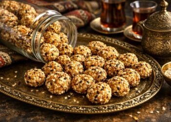 Сусамени солени топчета, подредени върху ориенталска метална табла, изсипани от стъклен буркан