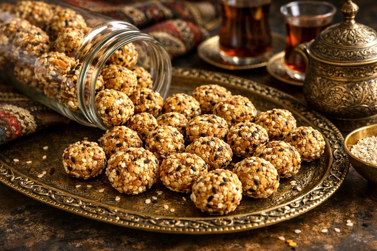 Сусамени солени топчета, подредени върху ориенталска метална табла, изсипани от стъклен буркан