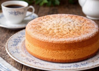 Пухкав домашен пандишпан, поднесен в декоративна порцеланова чиния, с чаша кафе на заден план