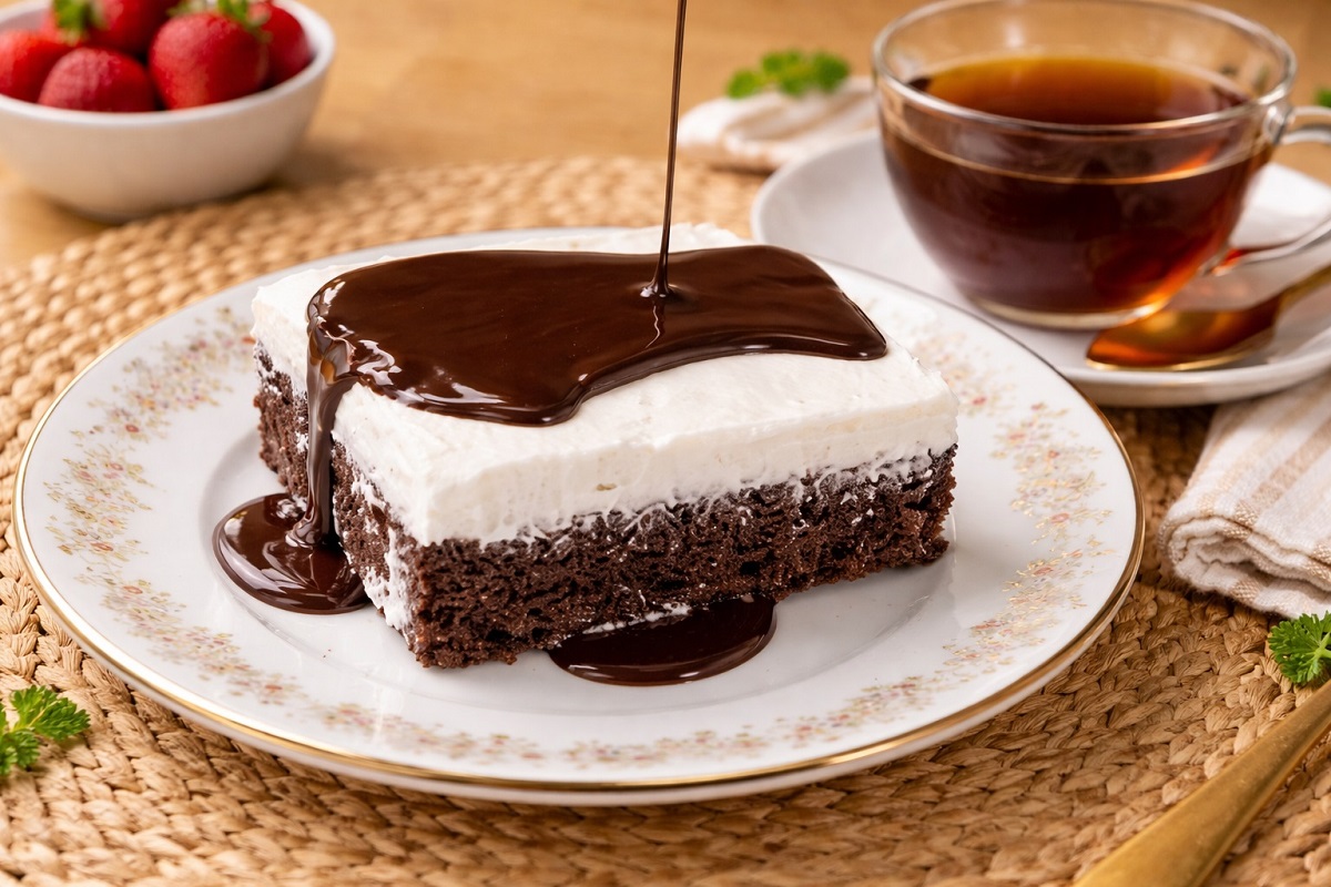 Парче шоколадов сладкиш с бял крем и шоколадов ганаш, поднесено в елегантна чиния, с чаша чай на заден план, в топла домашна обстановка.