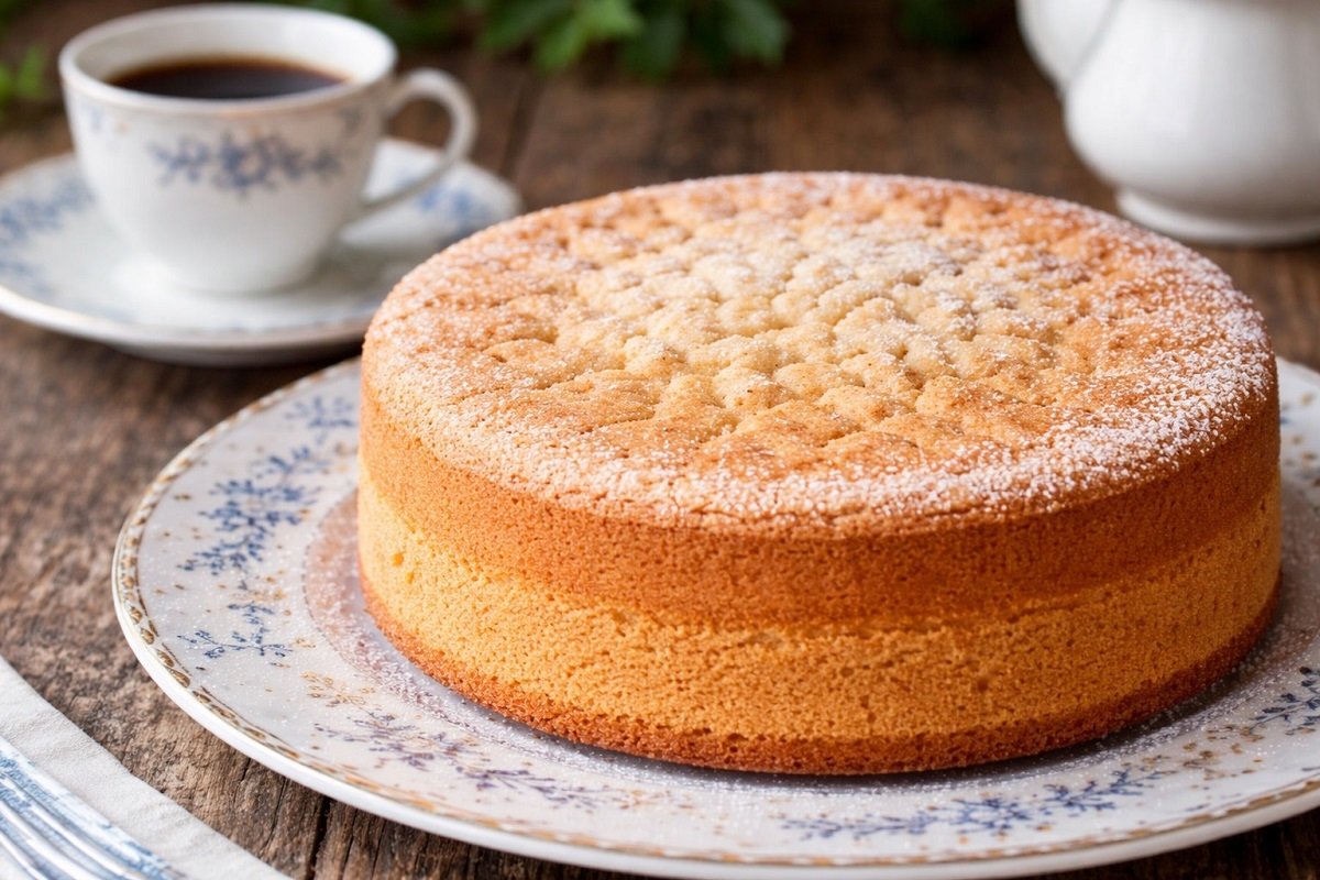 Пухкав домашен пандишпан, поднесен в декоративна порцеланова чиния, с чаша кафе на заден план