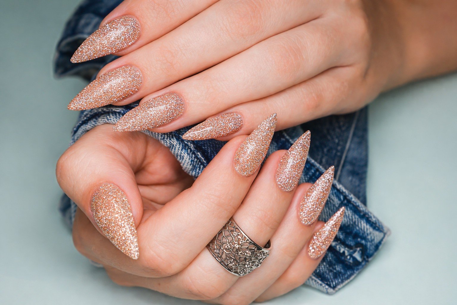 лги стилетни нокти в розово-златист глитер, елегантен маникюр с блясък, ръце върху деним с декоративен сребърен пръстен, модерен и луксозен стил.
