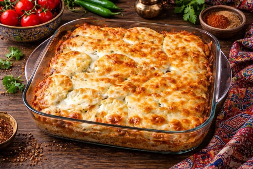 Домашна мусака с картофи и кайма, запечена до апетитна златиста коричка с разтопено сирене в стъклена тава, поднесена в топла кухня върху дървена повърхност.