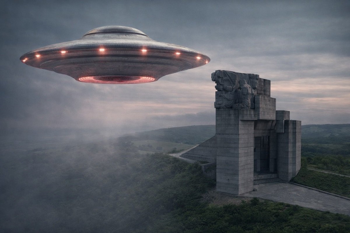 Летящ обект, наподобяващ НЛО, над паметника „Създатели на българската държава“ край Шумен в мъглива обстановка, фотомонтаж с реалистичен ефект.