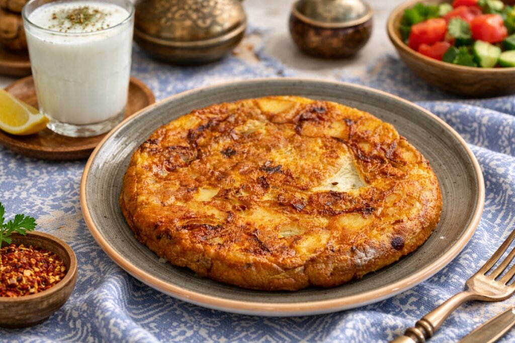 Картофен омлет със златиста коричка, сервиран в керамична чиния, с чаша айрян и леки ориенталски елементи върху синя покривка, реалистична домашна закуска.