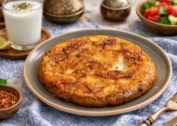 Картофен омлет със златиста коричка, сервиран в керамична чиния, с чаша айрян и леки ориенталски елементи върху синя покривка, реалистична домашна закуска.