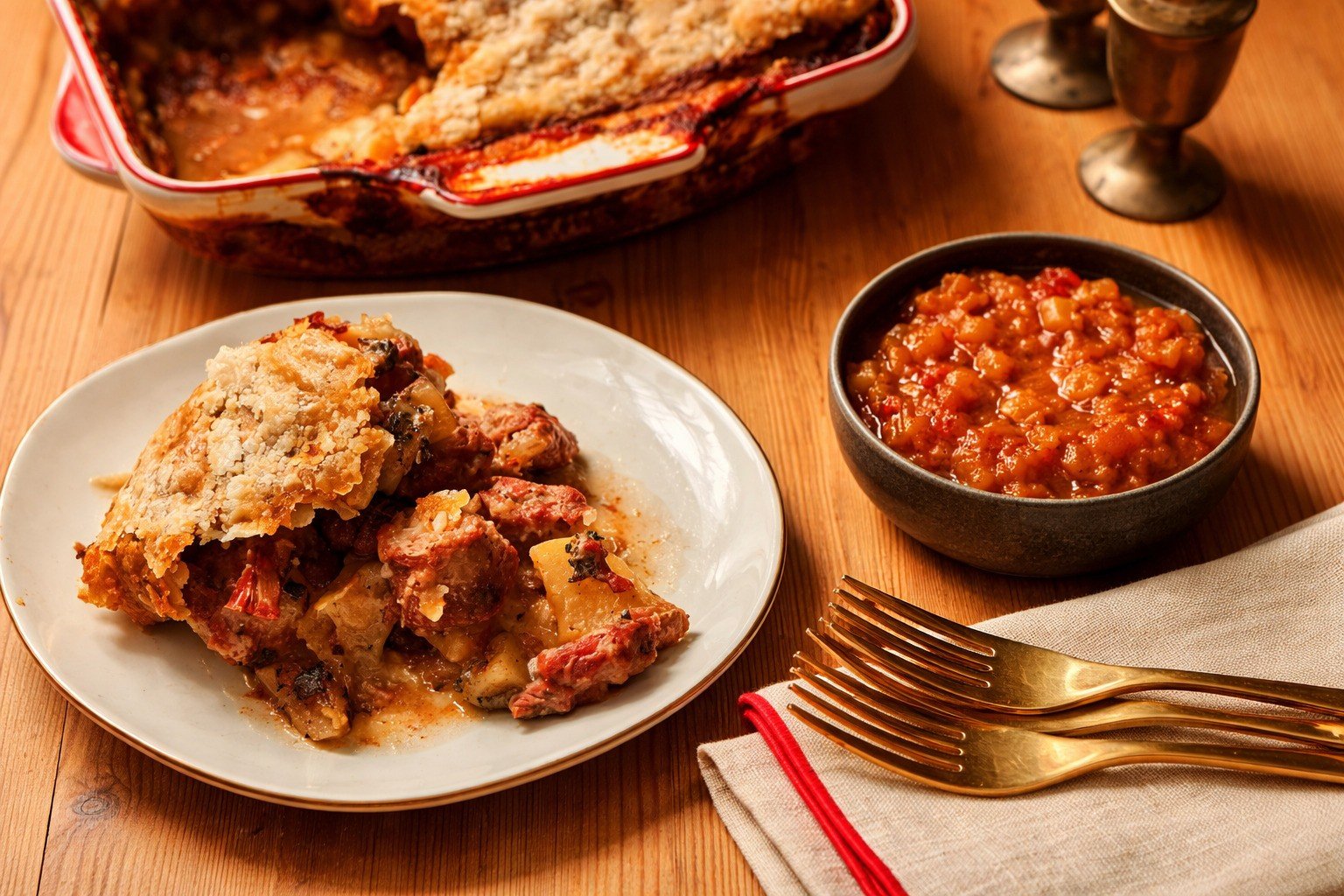 Домашен месен пай със златиста хрупкава коричка, поднесен върху дървена маса с порция, сос и прибори – апетитна хоризонтална кулинарна сцена без надписи