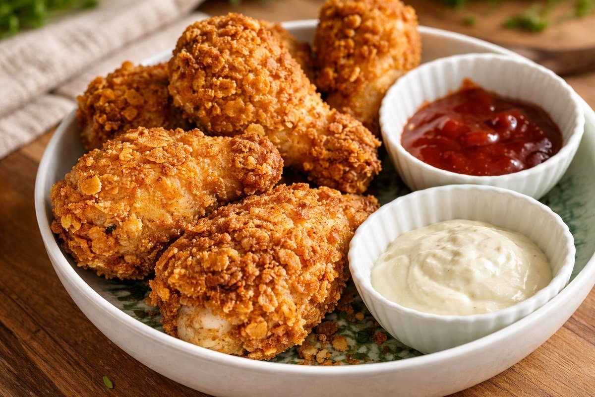 Хрупкаво пържено пиле в американски стил, поднесено в бяла купа с два соса – кремообразен бял дип и червен барбекю сос, заснето в реалистична, ненатрапчива обстановка върху дървена повърхност.