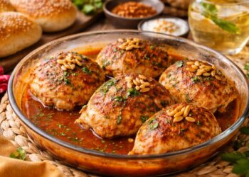 Реалистично ориенталско ястие с печено пилешко месо в доматен сос, поръсено с кедрови ядки и билки, поднесено с питка и освежаваща напитка в уютна обстановка.