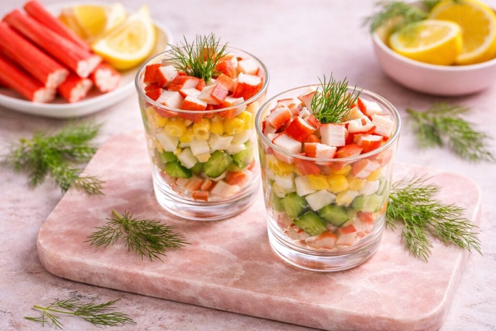 Салата с рачешки рулца, царевица и краставица, поднесена в прозрачни чаши с копър, върху светъл фон – хоризонтално, без надписи.