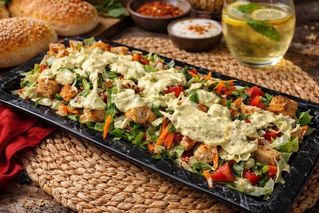 Свежа салата с хрупкави крутони и кремообразен сос, поднесена в правоъгълна чиния с ориенталски акценти, питка и освежаваща напитка в топла, естествена светлина.