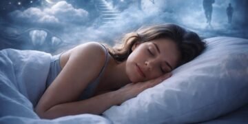 Жена спи спокойно, докато абстрактни образи от сънища се появяват в меко осветена нощна сцена, символизираща вътрешни промени и психическо напрежение